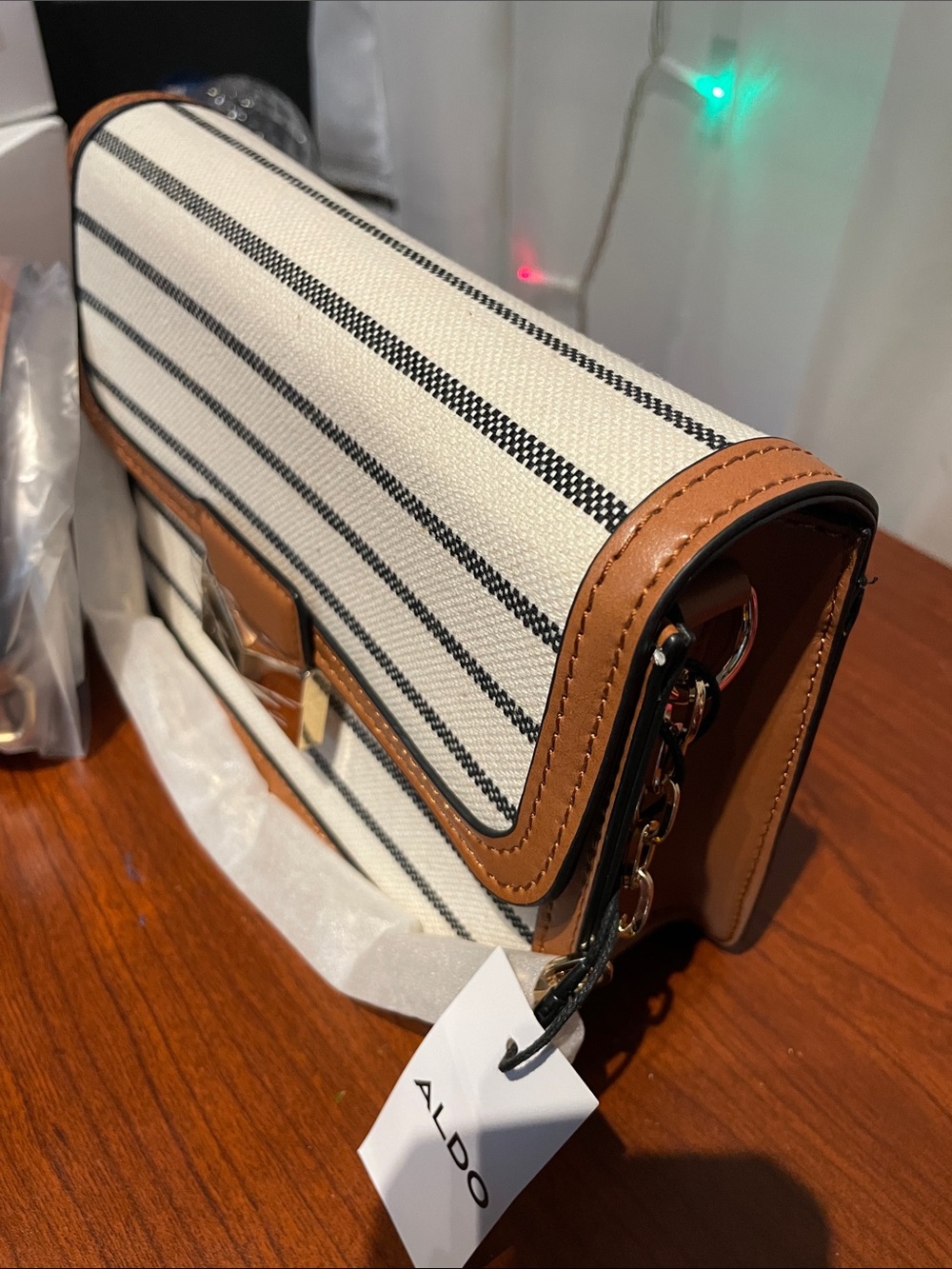 NWT ALDO Women's Striped Canvas Crossbody Bag in White and Brown - Picture 7 of 10